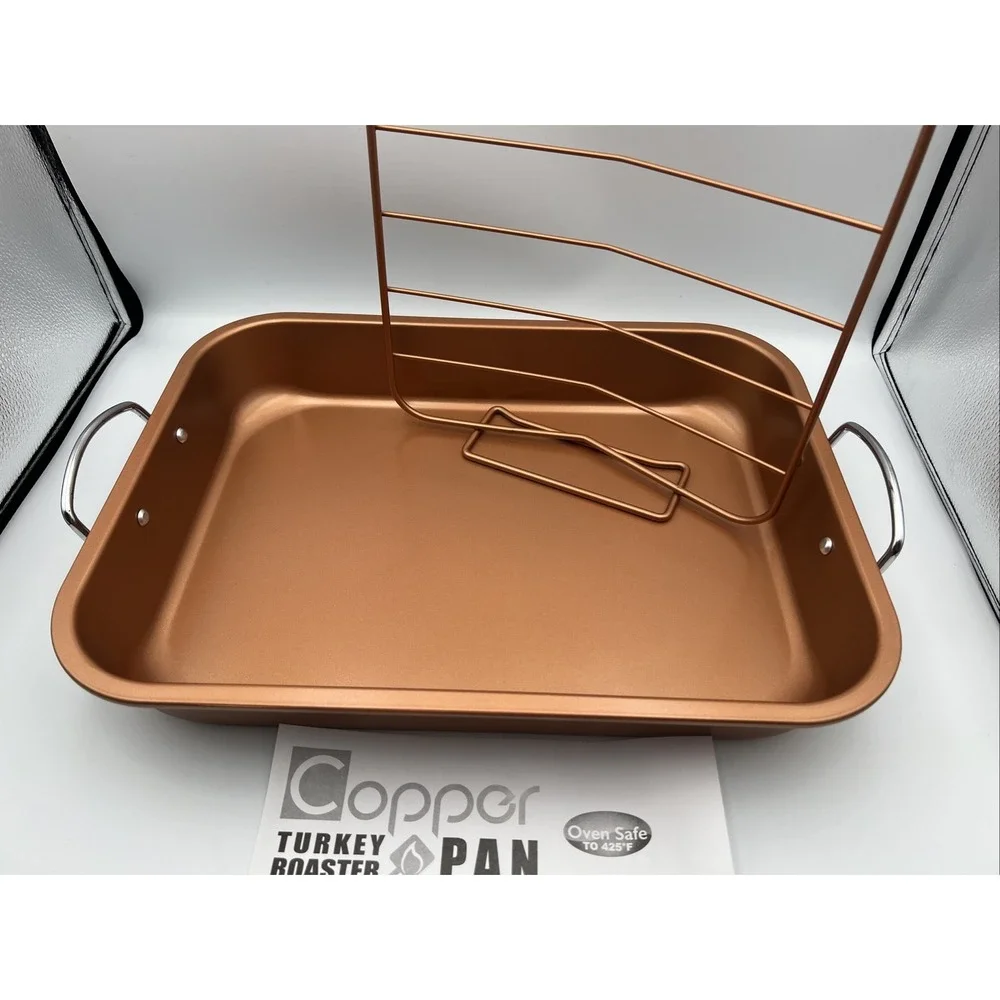 Copper Turkey Roaster‎ Pan with Rack Non Stick Coating and Oven Safe Up To 425 F
